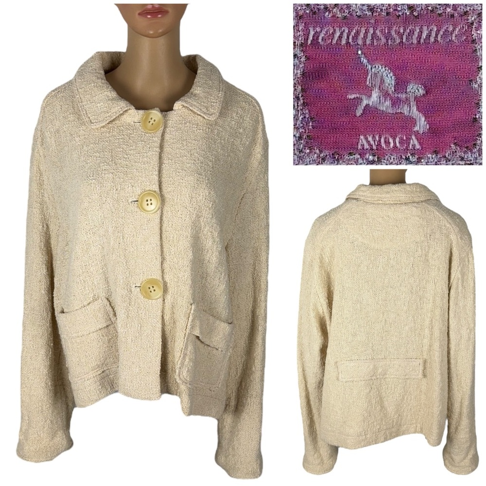 Avoca Ireland Womens Large 14 Jacket Sweater Knit Cream 100% Cotton Chunky EUC